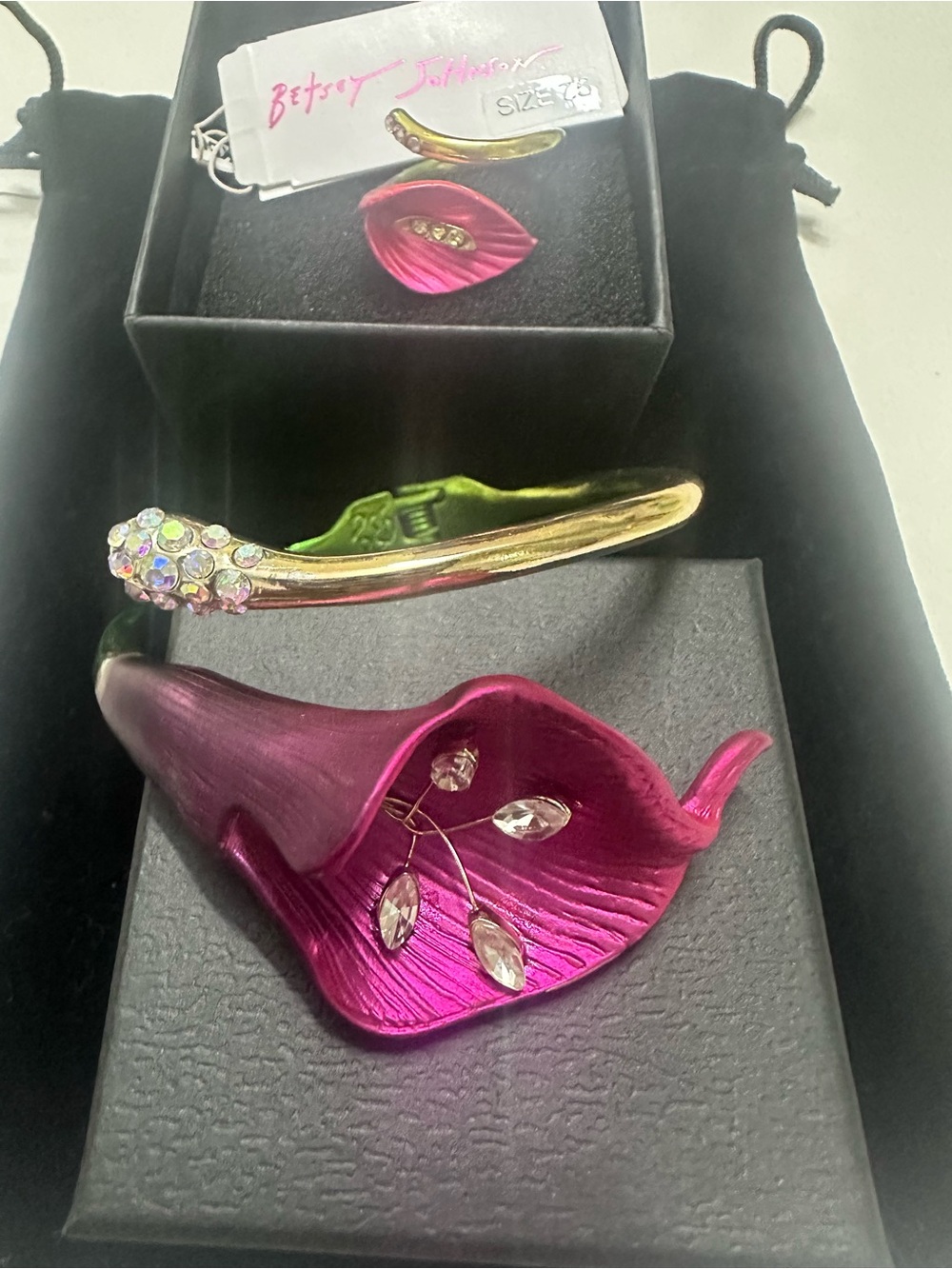 Betsey Johnson Fuchsia Calla Lily bracelet  with Gold Stem and Crystal Accents